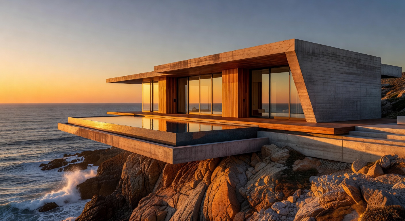 Elysium Cliff Residence — A sculptural concrete and glass villa on a dramatic ocean cliff at golden hour